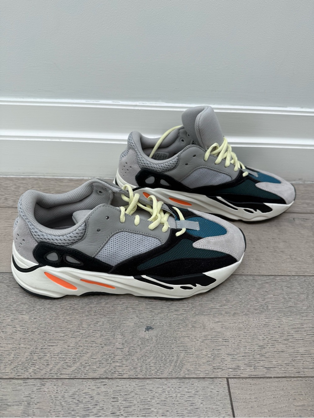 Adidas Yeezy Men’s Grey, Teal & Black Sneakers with Neon Orange Accents